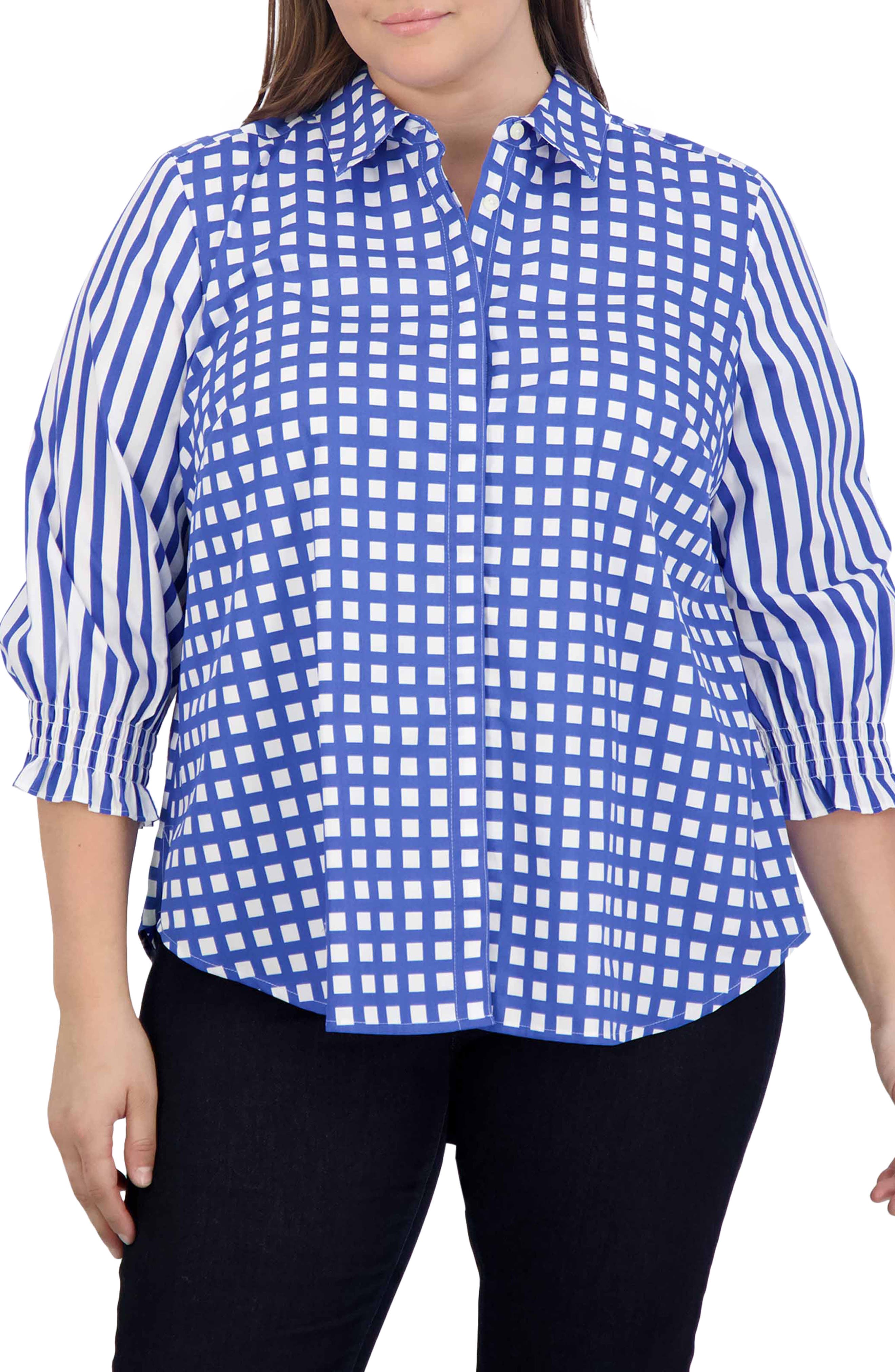 Foxcroft Olivia Gingham Stripe Ruffle Sleeve Button-Up Shirt
