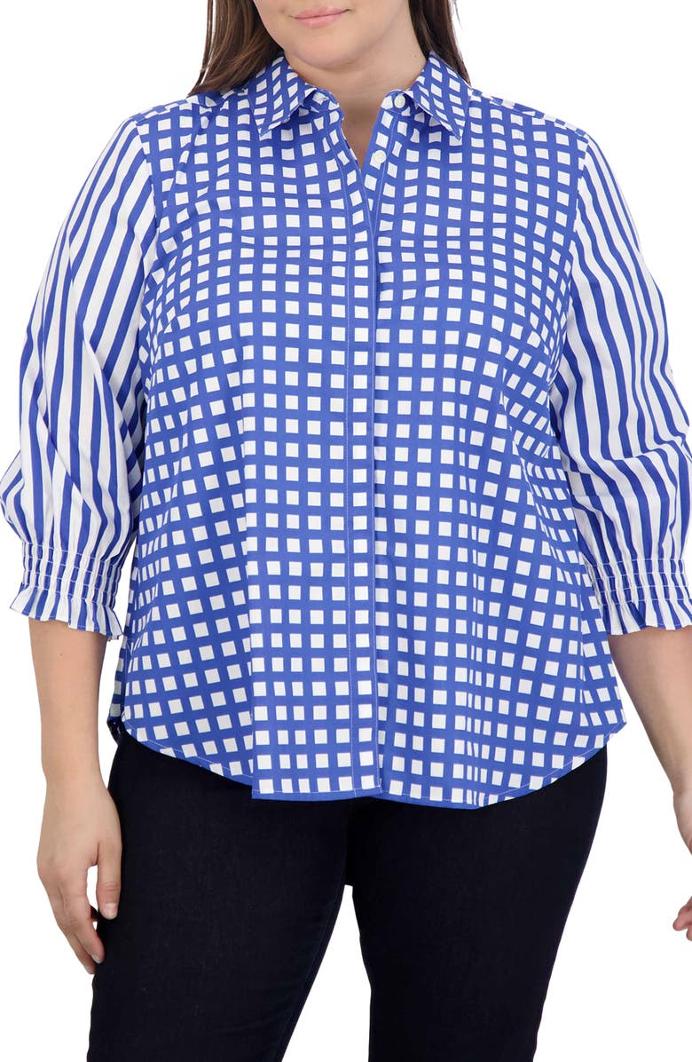 Foxcroft Olivia Gingham Stripe Ruffle Sleeve Button-Up Shirt, Main, color, Blue/ White