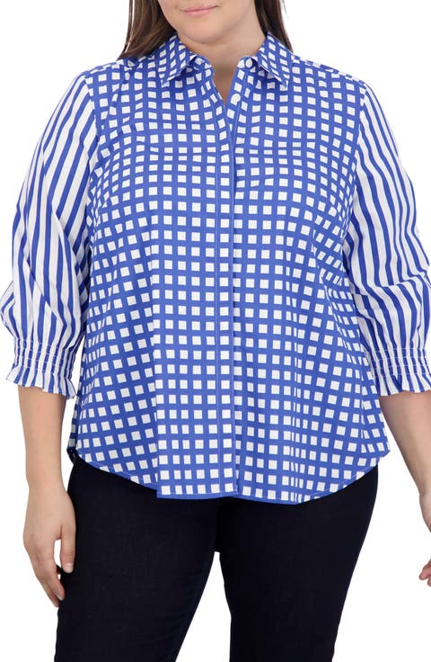 Olivia Gingham Stripe Ruffle Sleeve Button-Up Shirt (Plus)
