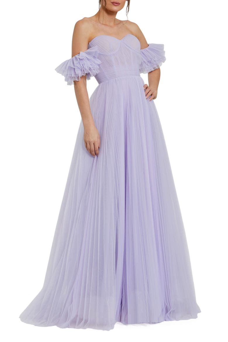 Off The Shoulder Flutter Sleeve Tulle A Line Gown, Main, color, Lilac