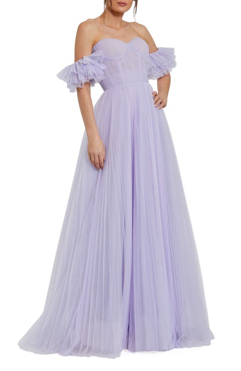 Off The Shoulder Flutter Sleeve Tulle A Line Gown