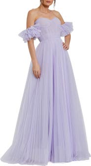 Mac Duggal Off The Shoulder Flutter Sleeve Tulle A Line Gown
