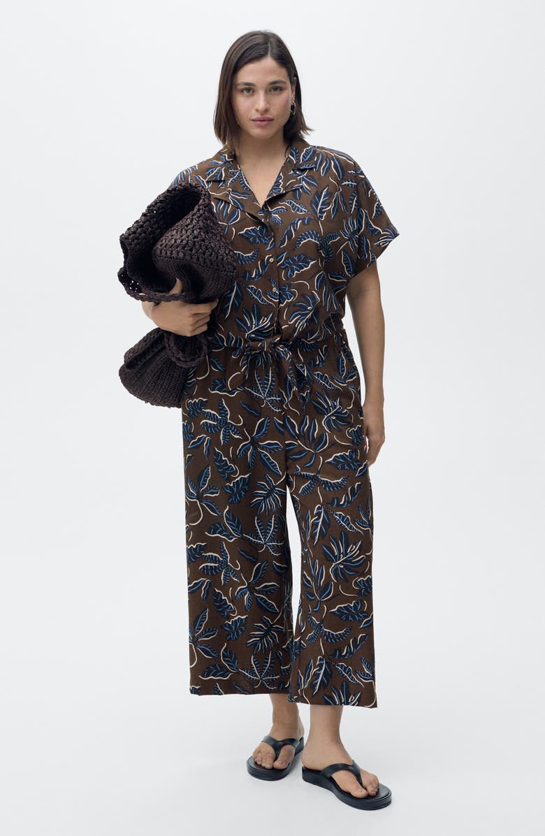 MANGO Print Tie Hem Crop Shirt, Alternate, color, Brown