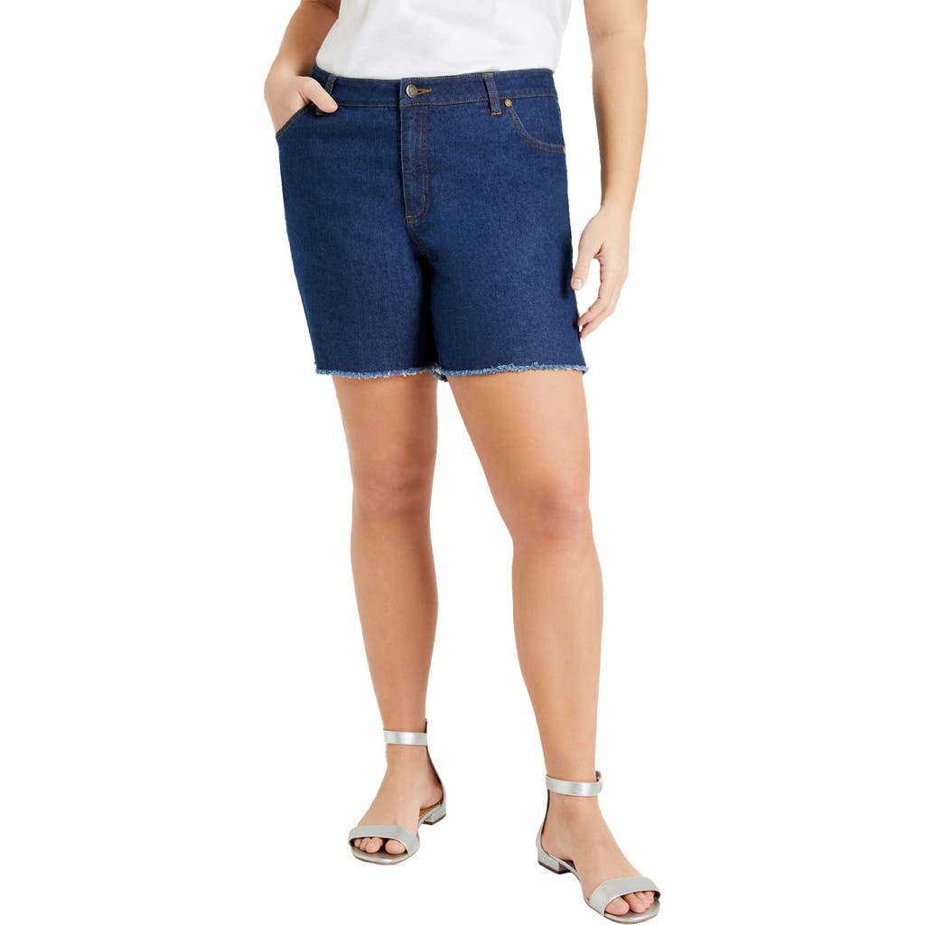 June + Vie Raw Hem June Fit Denim Shorts In Blue
