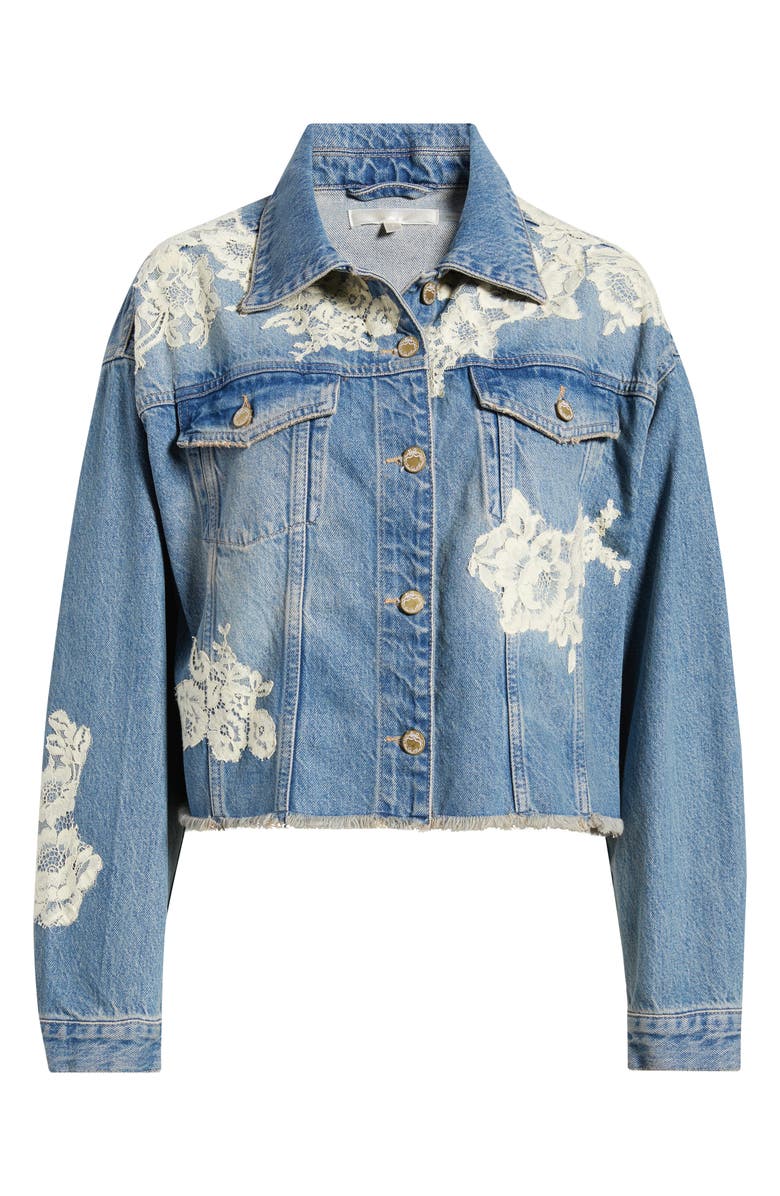 LoveShackFancy Amana Lace Patch Denim Jacket, Alternate, color, Faded Blue