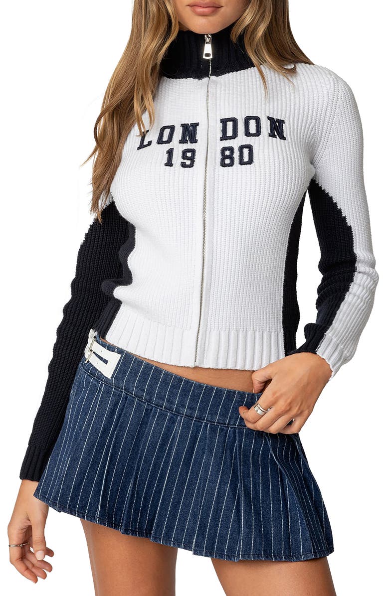 EDIKTED London High Neck Cardigan, Main, color, Navy-And-White