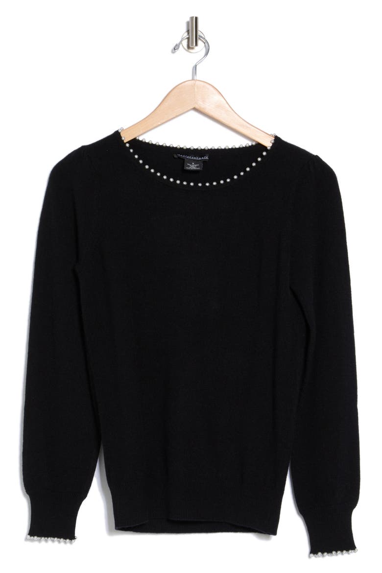 Imitation Pearl Cashmere Crewneck Sweater, Alternate, color, BLACK