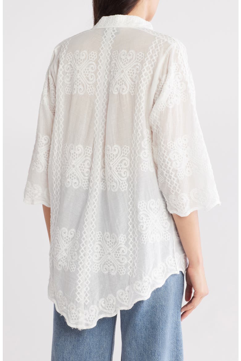 Floral Embroidered Three-Quarter Sleeve Cotton Button-Up Shirt, Alternate, color, WHITE