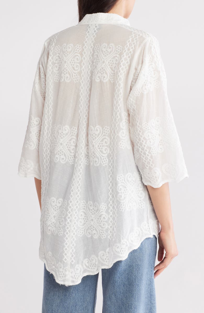Forgotten Grace Floral Embroidered Three-Quarter Sleeve Cotton Button-Up Shirt, Alternate, color, White