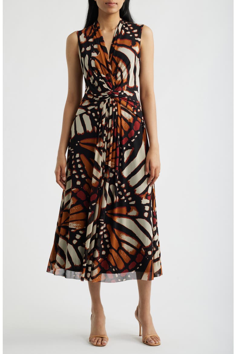 Twist Front Print Sleeveless Midi Dress, Main, color, CHILI MULTI