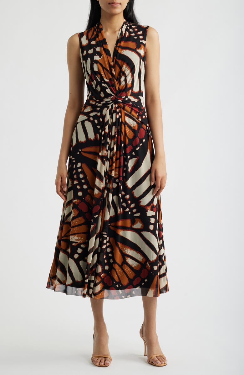 Anne Klein Twist Front Print Sleeveless Midi Dress, Main, color, Chili Multi