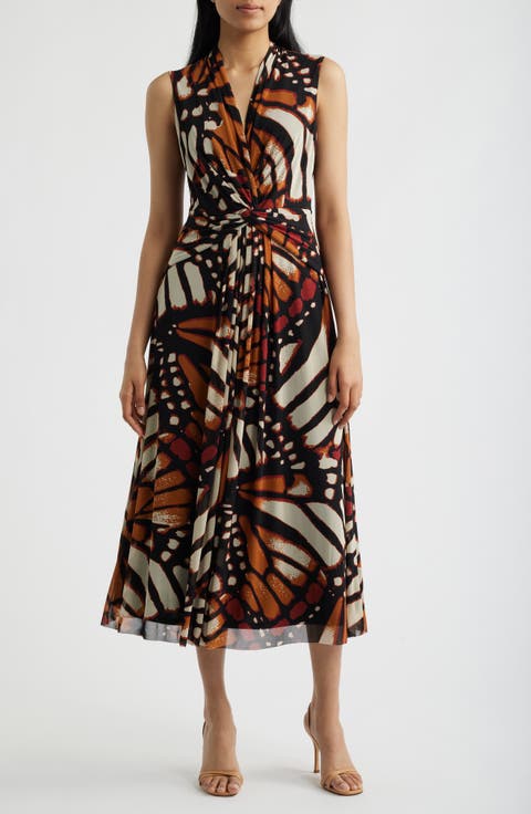 Twist Front Print Sleeveless Midi Dress