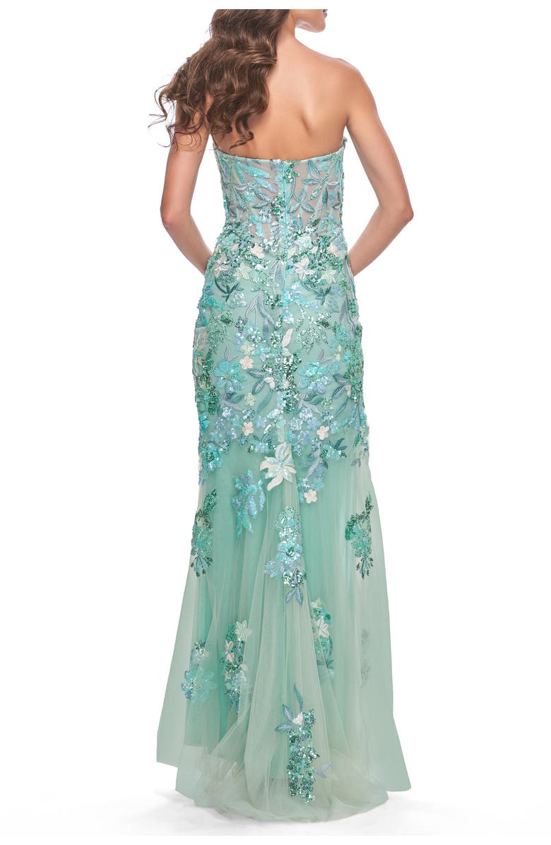 La Femme Multi Color Lace Floral Applique on Fitted Strapless Sage Gown, Alternate, color, Sage