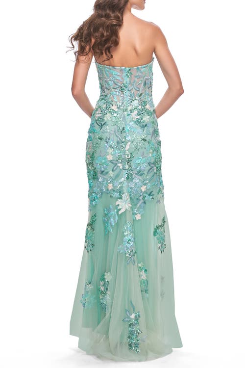 La Femme Multi Color Lace Floral Applique On Fitted Strapless Sage Gown