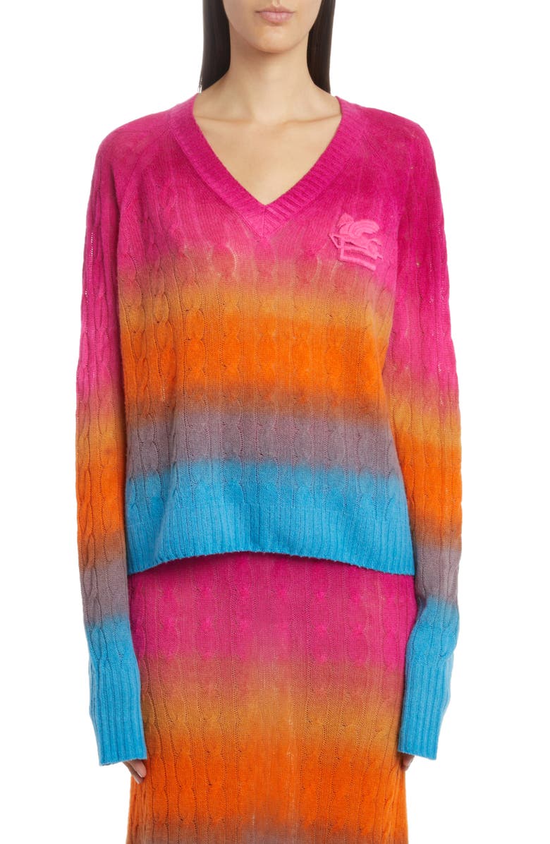 Etro Ombré Colorblock Cable Knit V-Neck Sweater, Main, color,