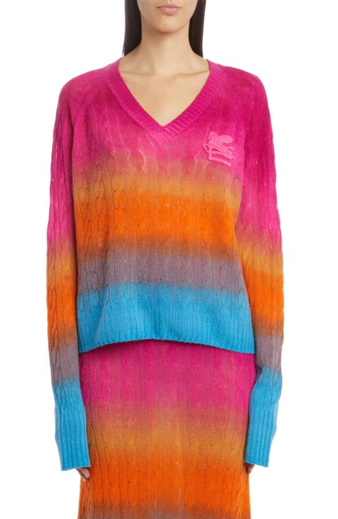 Ombré Colorblock Cable Knit V-Neck Sweater