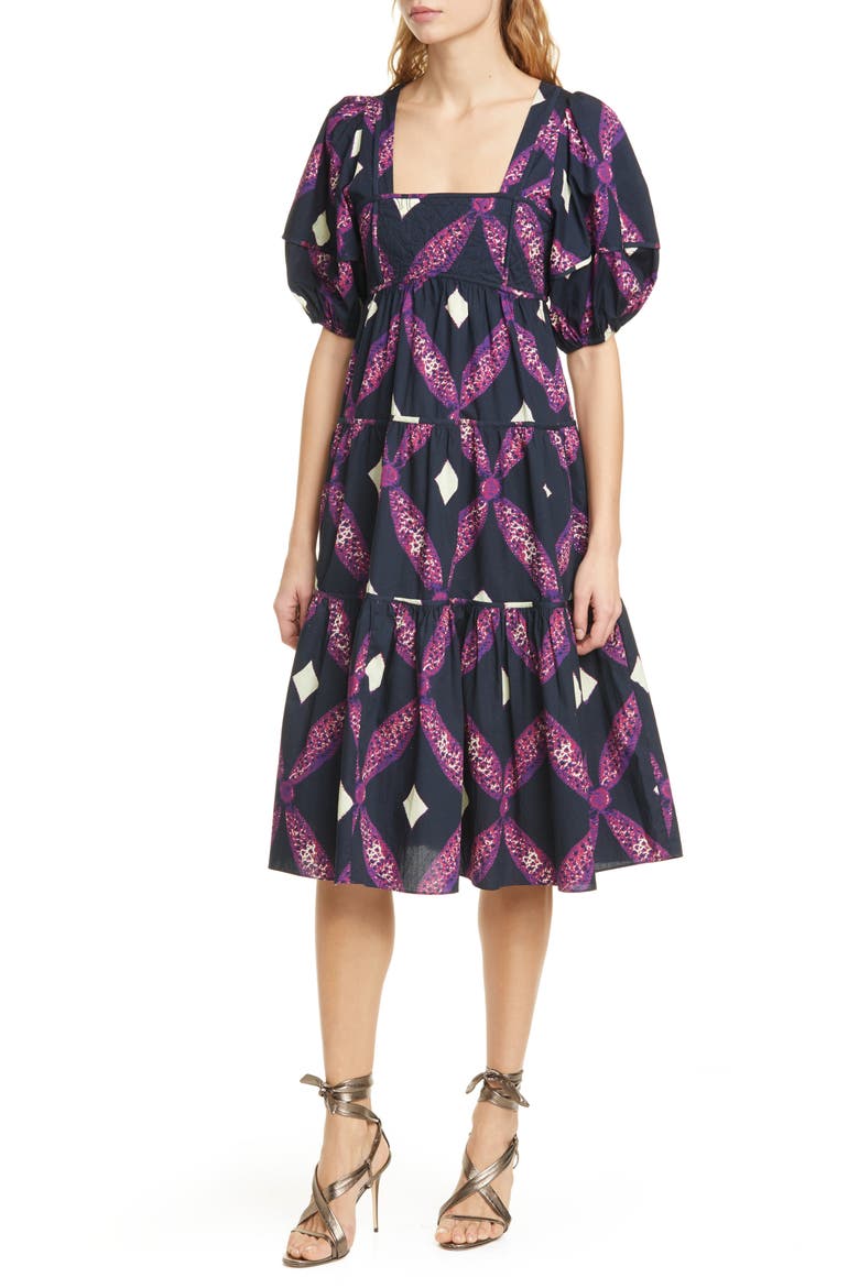Nora Puff Sleeve Midi Dress, Main, color, PLUM