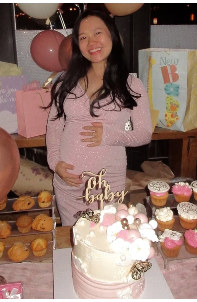 PinkBlush Off Shoulder Long Sleeve Wrap Maternity Photoshoot Gown/Dress, Alternate, color, Light Pink