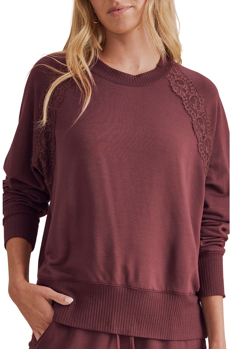 Lace Trim Sweatshirt, Alternate, color, MERLOT BURGUNDY