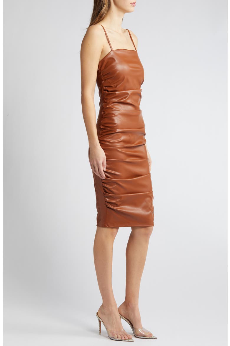 Ruched Faux Leather Dress, Alternate, color, BROWN