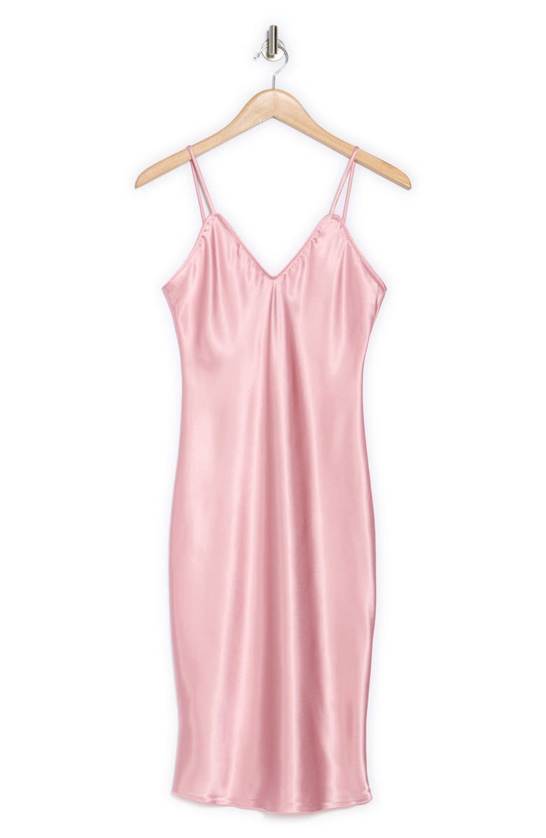 bebe V-Neck Spaghetti Strap Satin Slip Dress, Alternate, color, Rose
