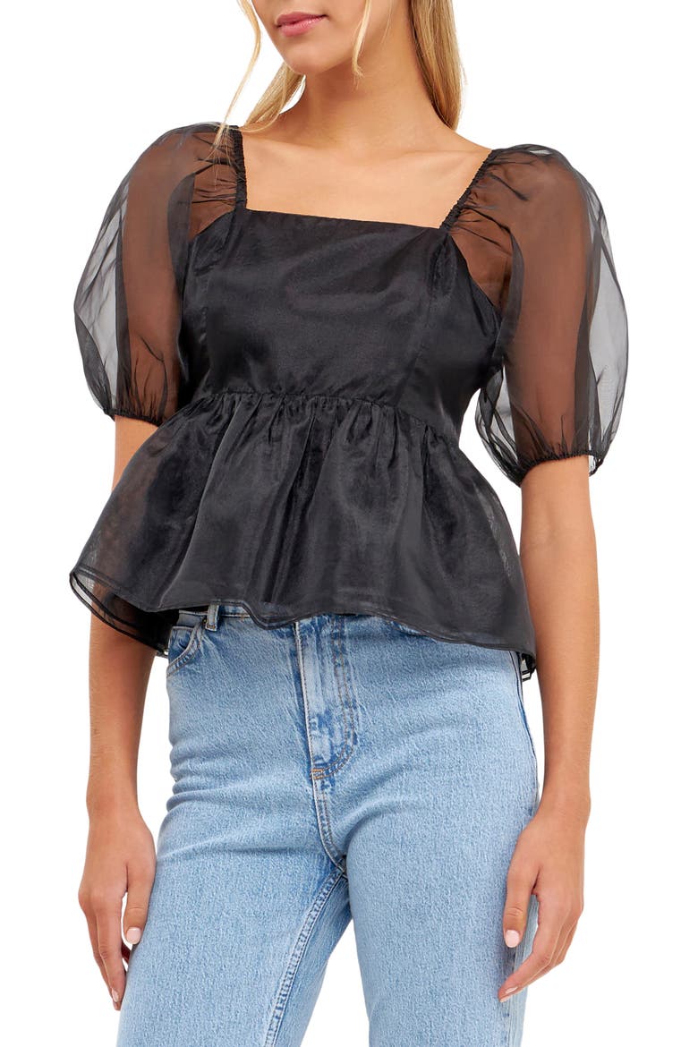 Organza Peplum Top, Alternate, color, BLACK