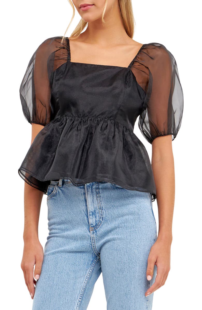 English Factory Organza Peplum Top, Alternate, color, Black