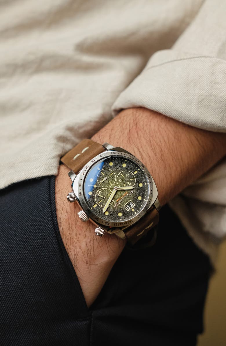 SPINNAKER Hull Chronograph Leather Strap Watch, 42mm, Alternate, color, Blue