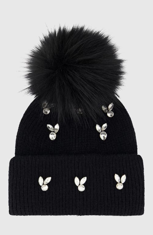 Lyla Grant Knit Hat With Fur-free Fox (faux Fur) Pompom In Black