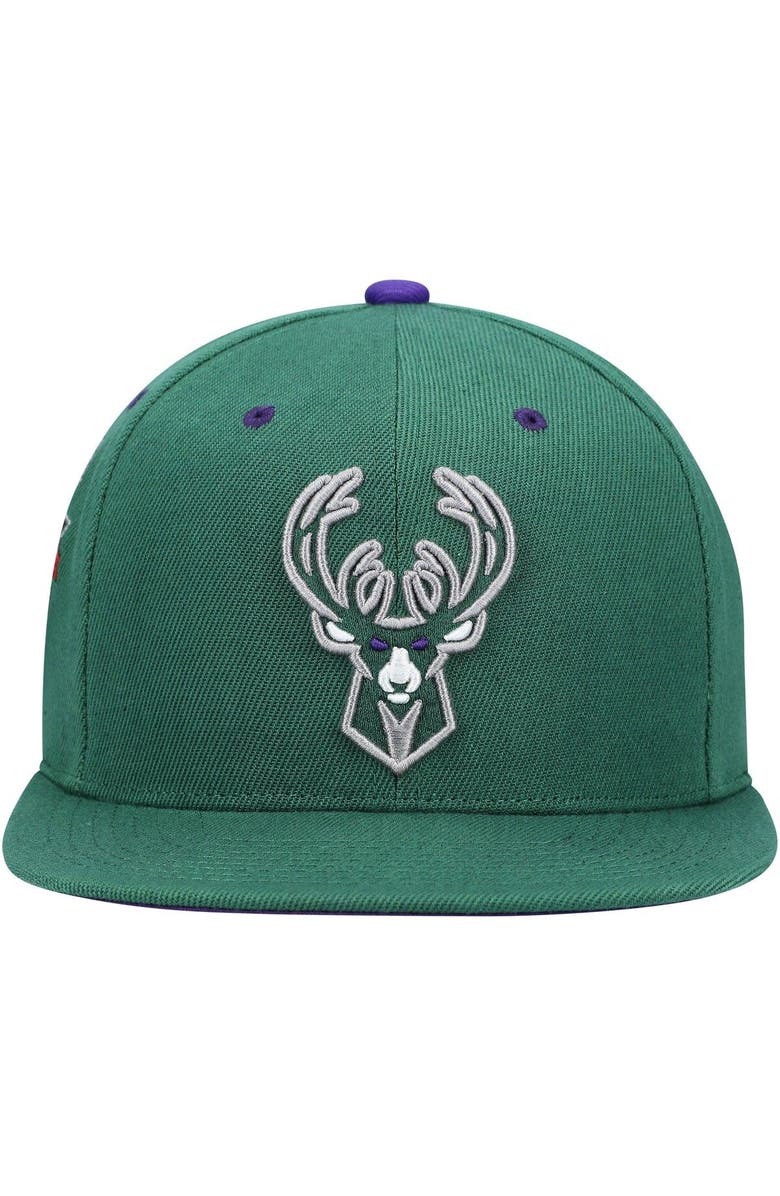 Mitchell & Ness Men's Mitchell & Ness Hunter Green Milwaukee Bucks 40th Anniversary Color Flip Snapback Hat, Alternate, color, 