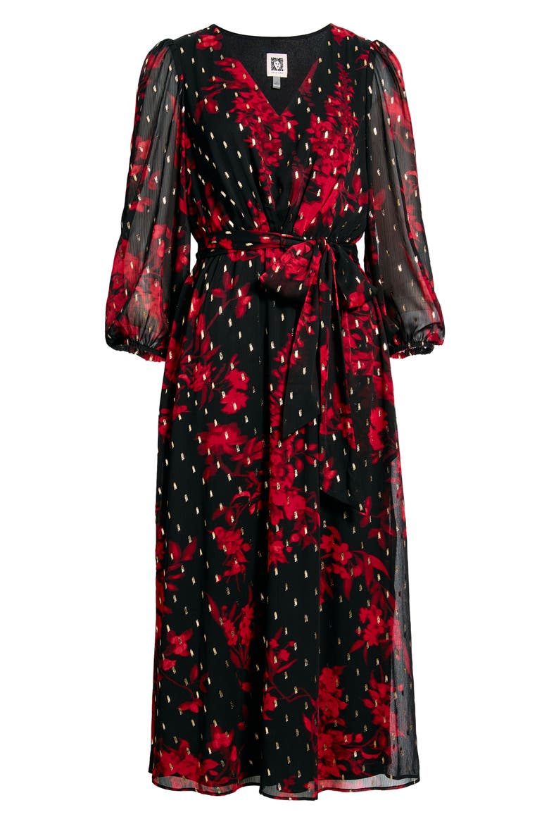 V-Neck Gathered Sleeve Midi Dress, Alternate, color, TITIAN RED MULTI