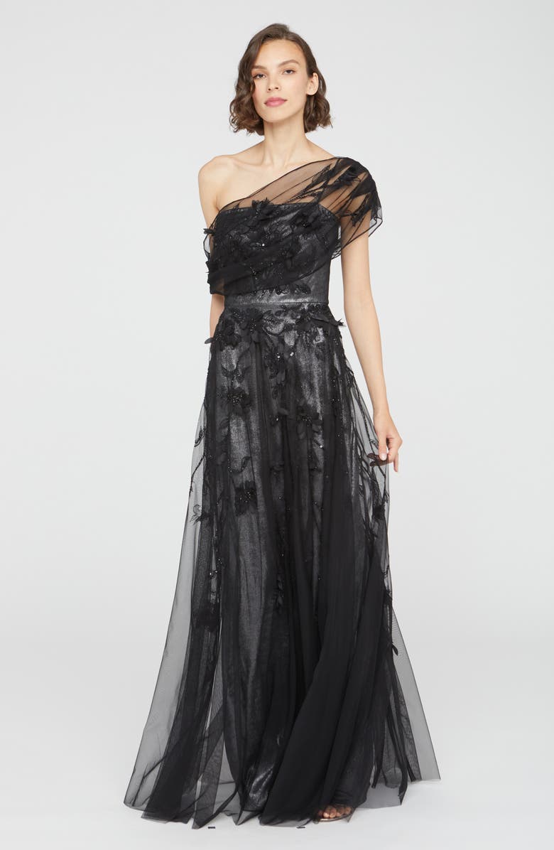 Theia Lenora Metallic Floral Appliqué One-Shoulder Gown, Alternate, color,