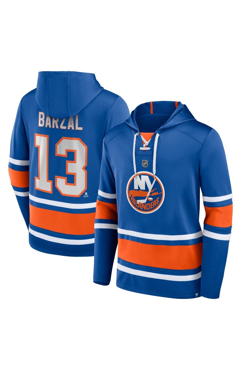 FANATICS Men's Fanatics Branded Mathew Barzal Royal New York Islanders Name & Number Lace-Up Pullover Hoodie, Alternate, color, 