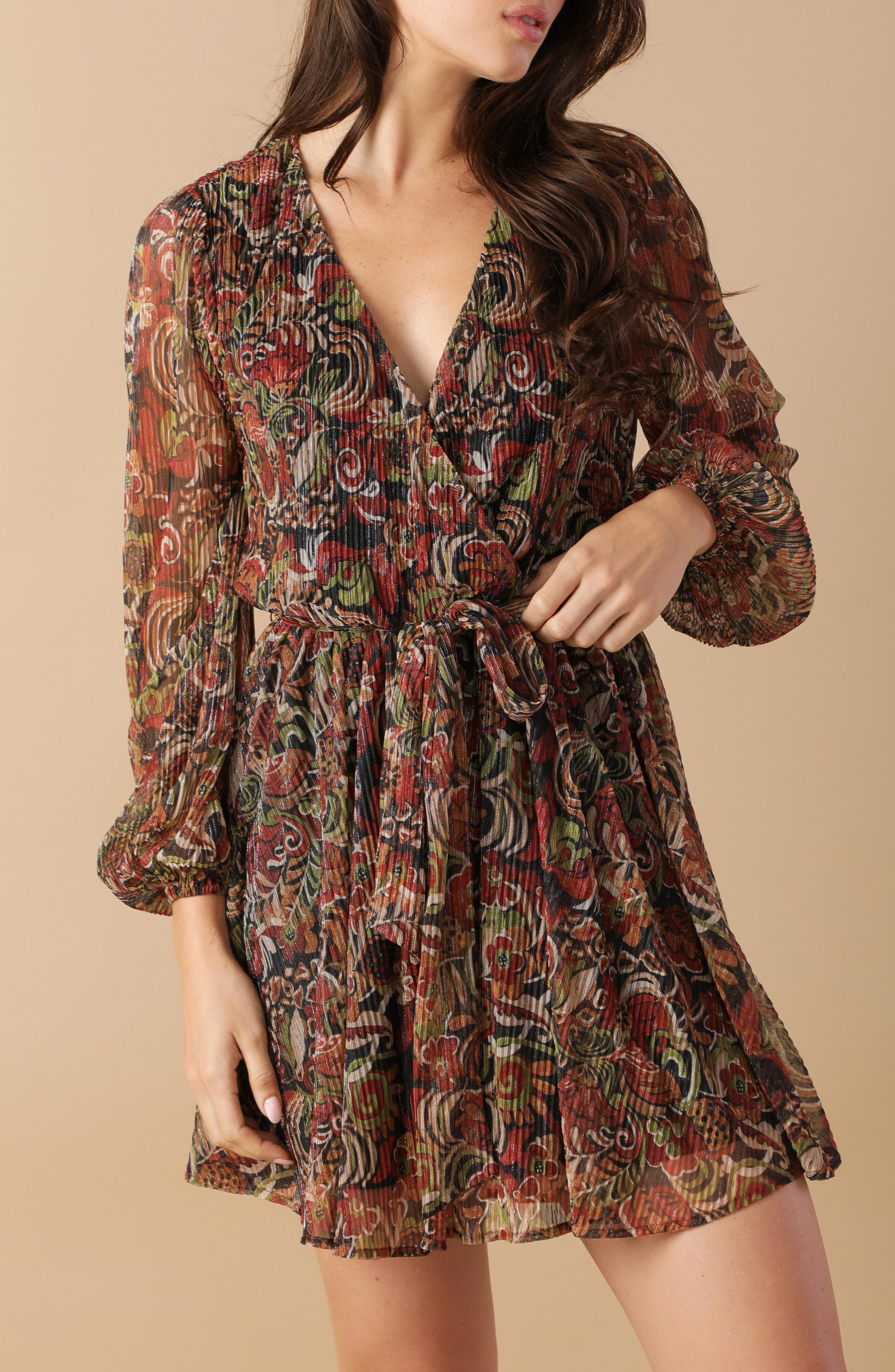 Long Sleeve Metallic Plissé Minidress