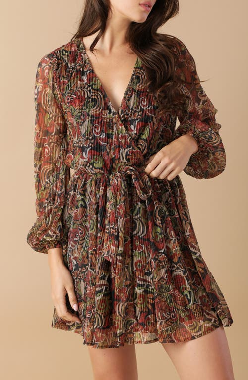 Flying Tomato Long Sleeve Metallic Plissé Minidress In Brown