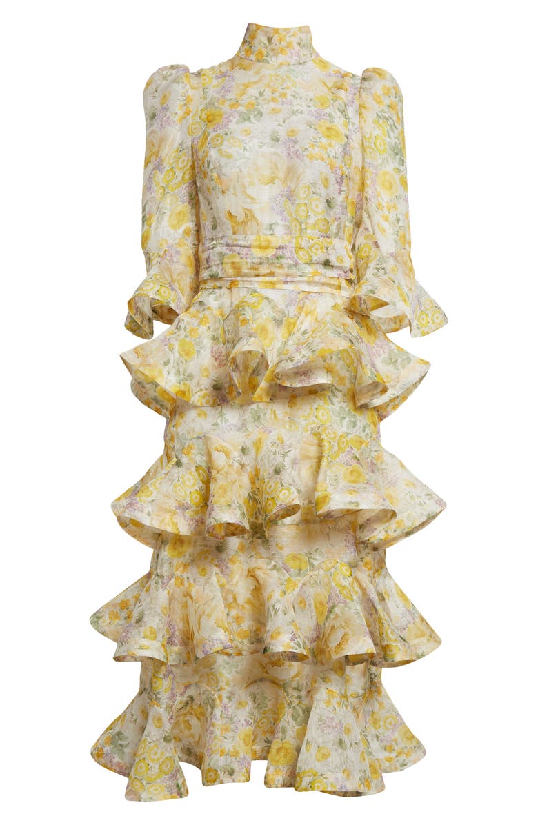Zimmermann Harmony Floral Ruffle Tiered Linen & Silk Midi Dress, Alternate, color, 