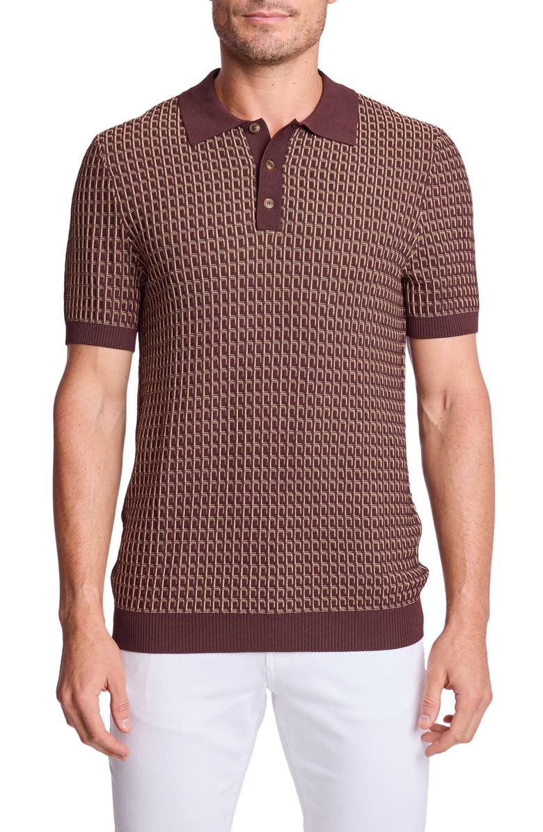 PAISLEY & GRAY Trim Fit Geometric Knit Polo, Main, color, Ganache & Tan