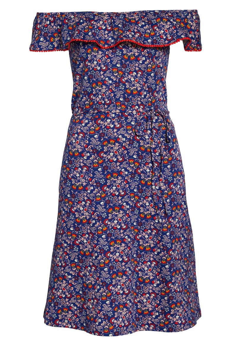 Bethany Off the Shoulder Dress, Alternate, color, LAPIS/ RED POP EXOTIC GARDEN