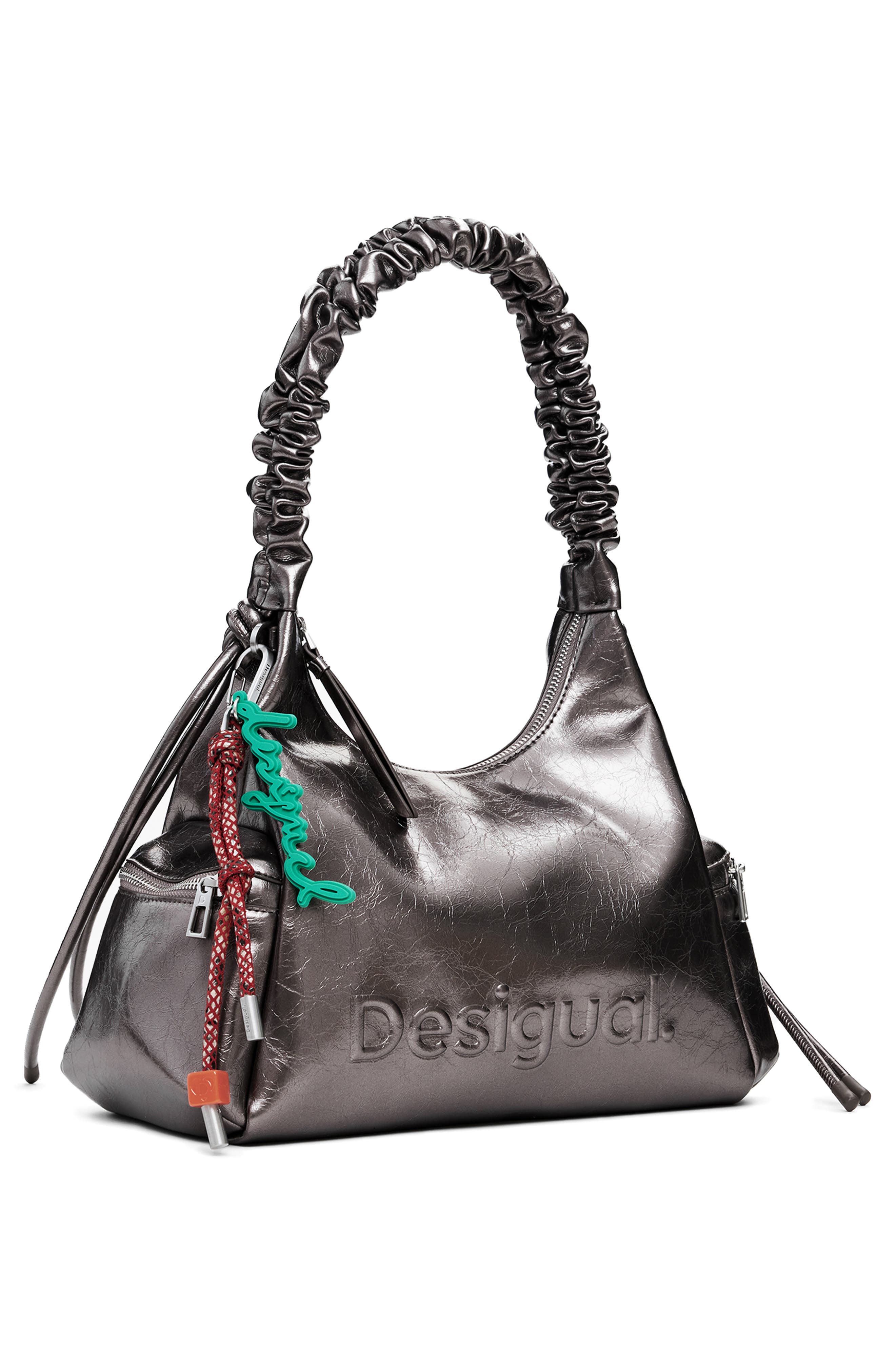 Desigual Medium Metallic Faux Leather 3D Logo Shoulder Bag, Alternate, color, Silver
