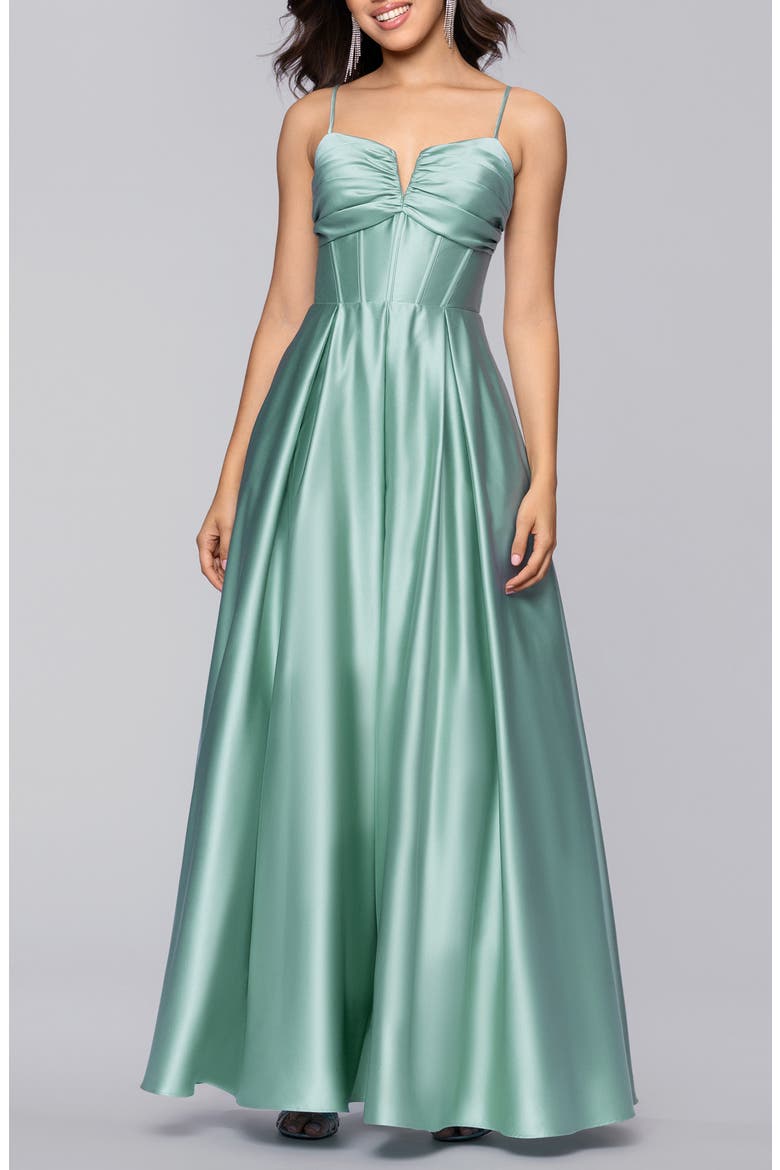 Notch Neck Satin Ballgown, Main, color, SEAFOAM