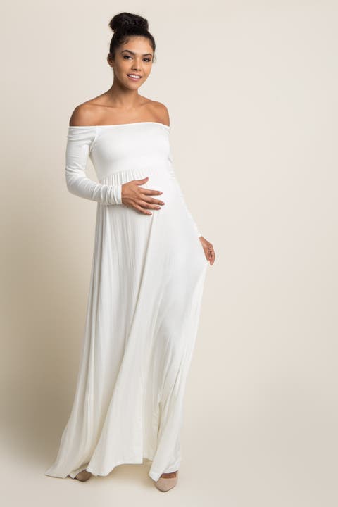 Ivory Solid Off Shoulder Maxi Dress