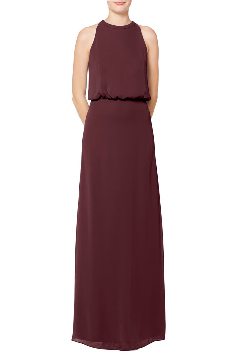 Halter Neck Blouson Bodice Chiffon Evening Gown, Main, color, WINE