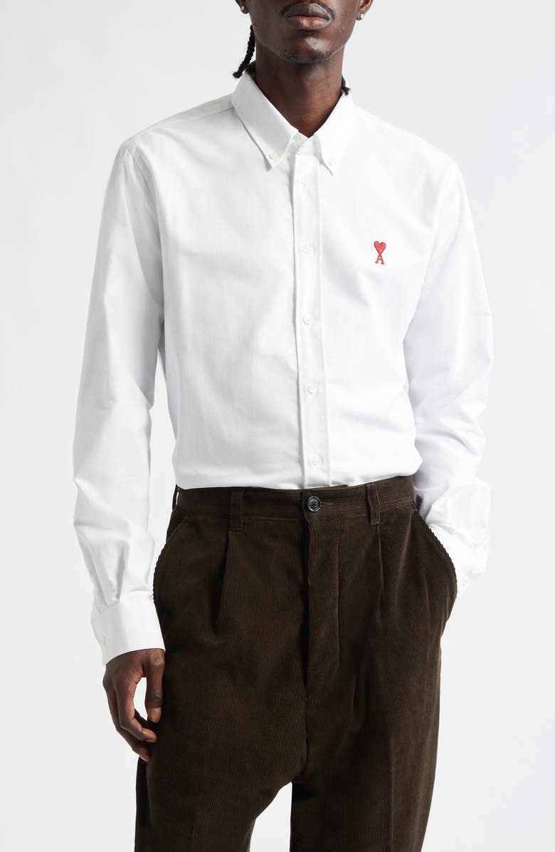 AMI PARIS Ami De Coeur Cotton Oxford Button-Down Shirt, Main, color, 168 Blanc Naturel