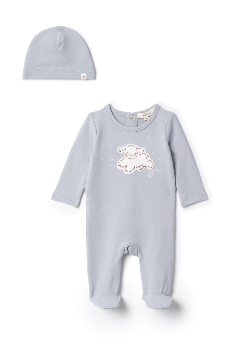 Fragile Boy Sheep Embroidered Romper with Matching Hat, Main, color, Blue
