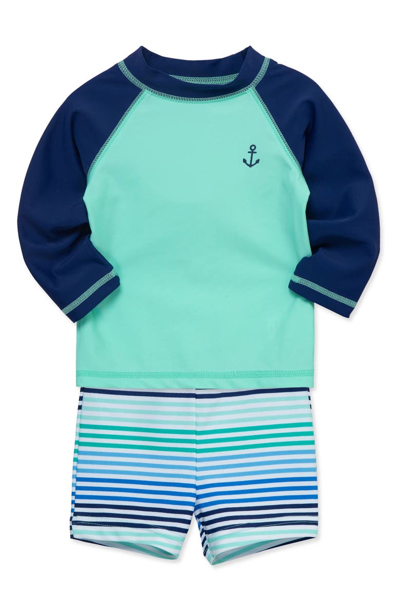 Little Me Anchor UPF 50+ Rashguard & Shorts Set, Alternate, color, Green