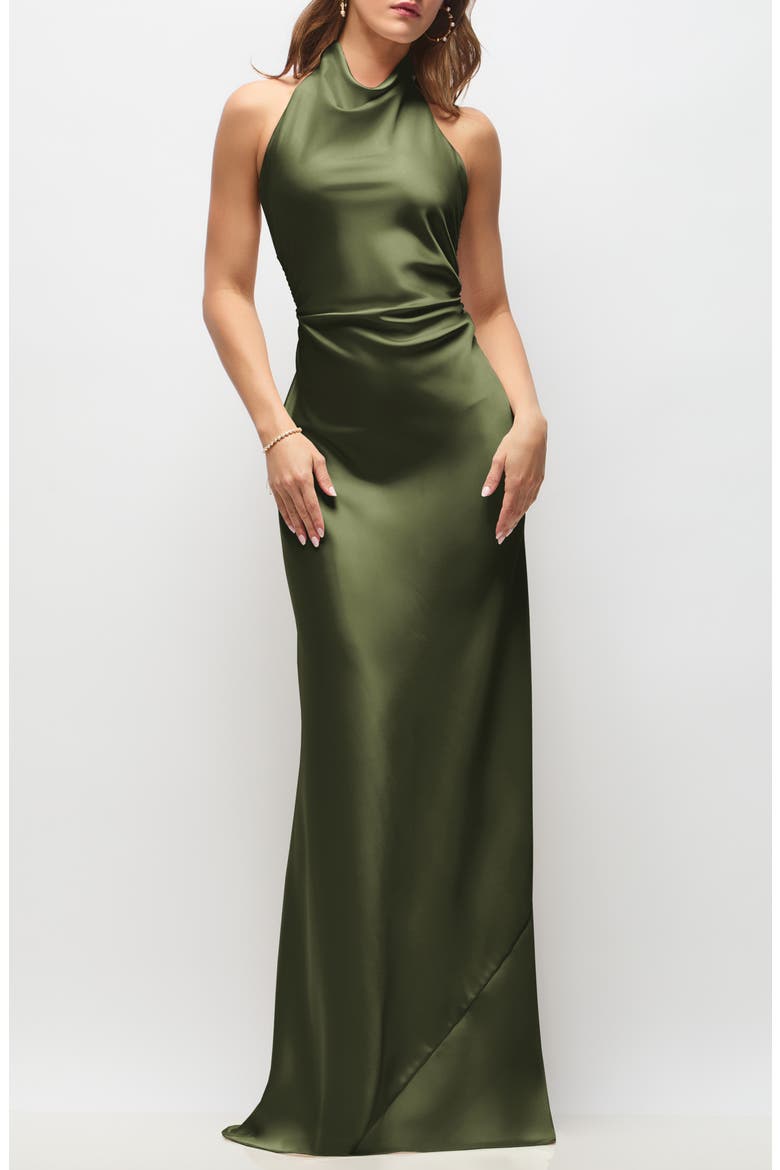 Leona Bias Cut Charmeuse Halter Gown, Main, color, OLIVE GREEN