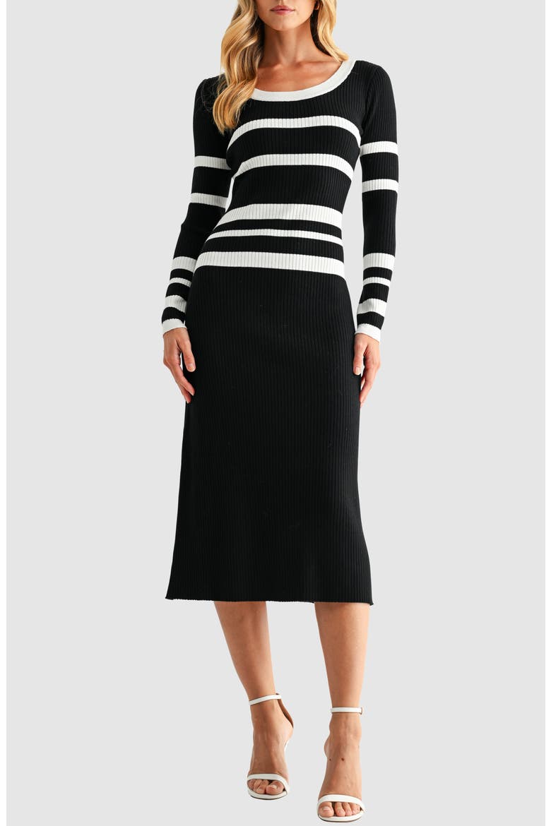 Varigated Stripe Long Sleeve Rib Sweater Dress, Main, color, BLACK WHITE