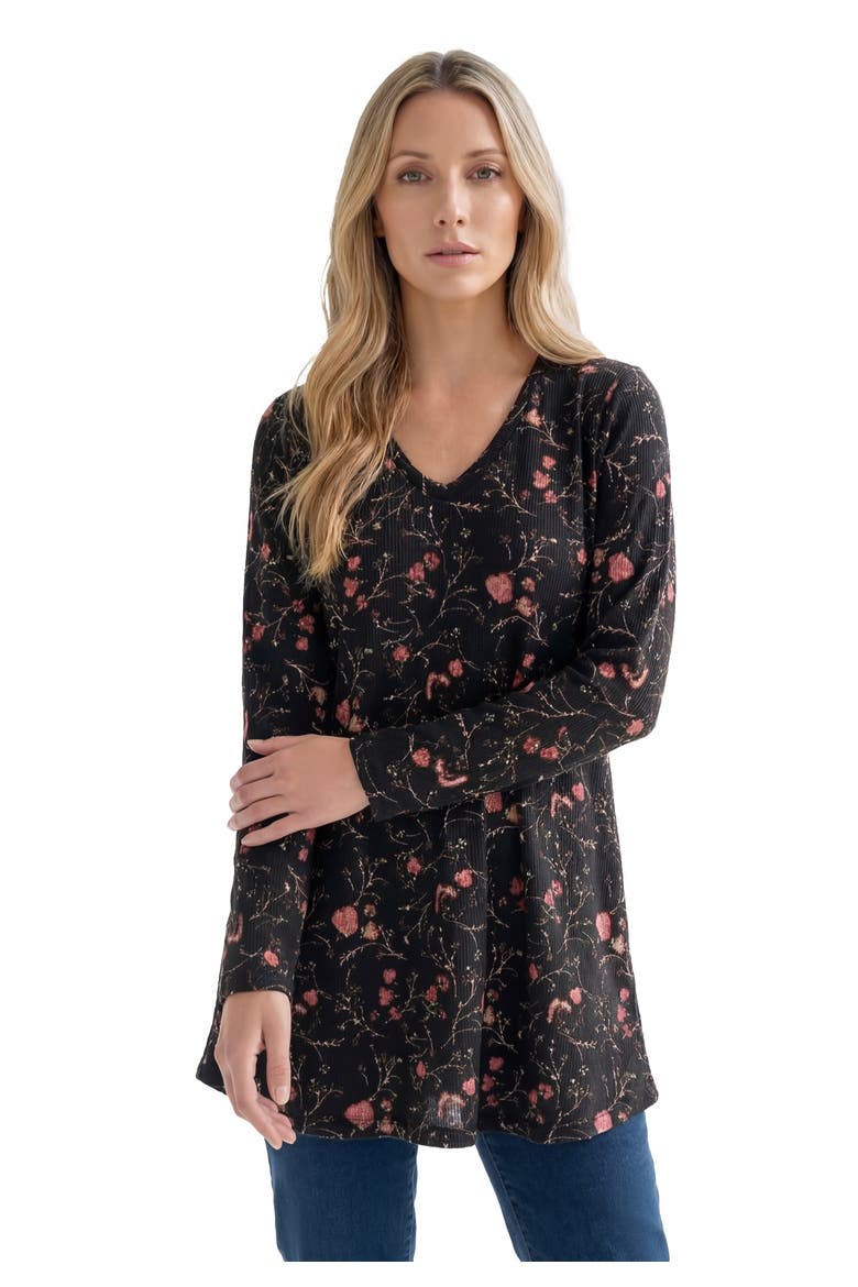 Plus Size Knit Thermal V Neck Swing Tunic Long Sleeve, Main, color, BLACK WILDFLOWERS