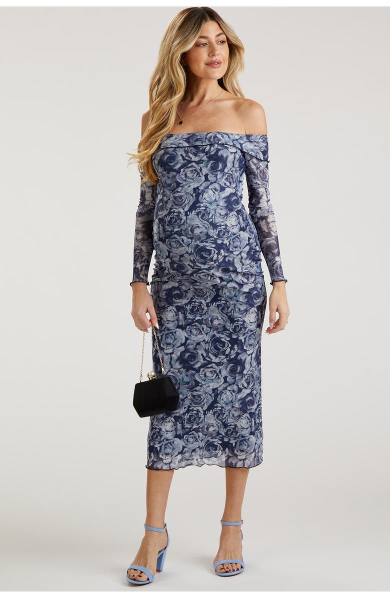 PinkBlush Floral Off Shoulder Mesh Knit Midi Dress, Main, color, Navy Blue
