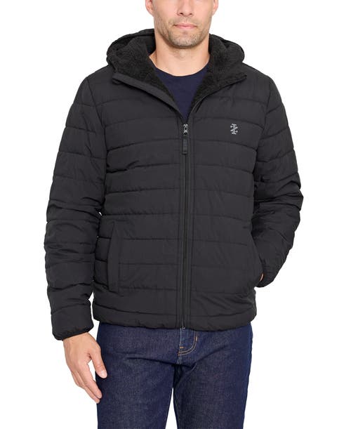 Izod Hooded Stretch Puffer Jacket With Fleece Lining In Black